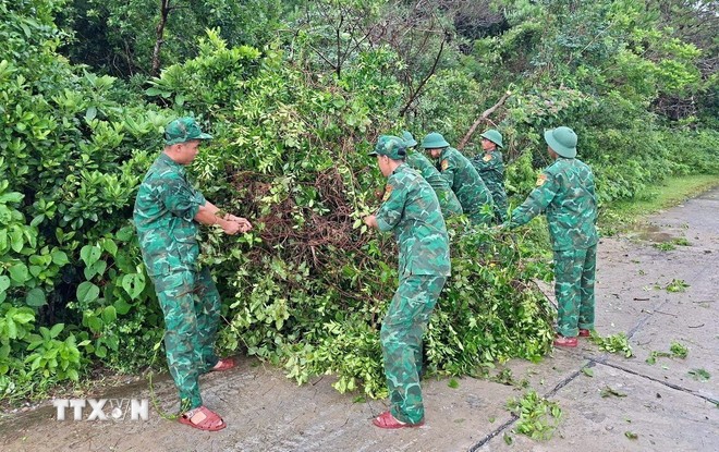 Bộ đội Biên phòng đảo Trần, đặc khu Cô Tô (Quảng Ninh) khắc phục hậu quả bão số 3. (Ảnh: TTXVN phát) Bộ đội Biên phòng đảo Trần, đặc khu Cô Tô (Quảng Ninh) khắc phục hậu quả bão số 3. (Ảnh: TTXVN phát)