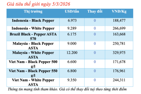 Giá tiêu hôm nay 5/3/2026: Sụt giảm sâu