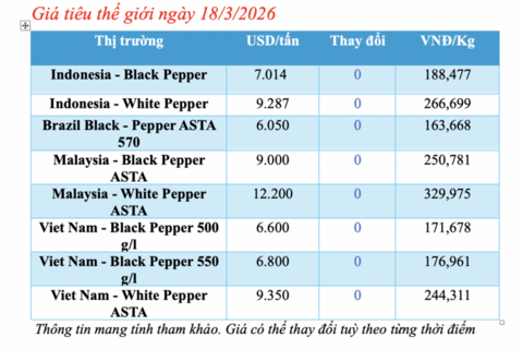 Giá tiêu hôm nay 18/3/2026: Cao nhất đạt 143.000 đồng/kg