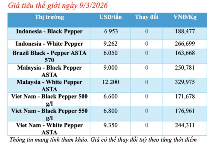Giá tiêu hôm nay 9/3/2026: Giữ đà bình ổn