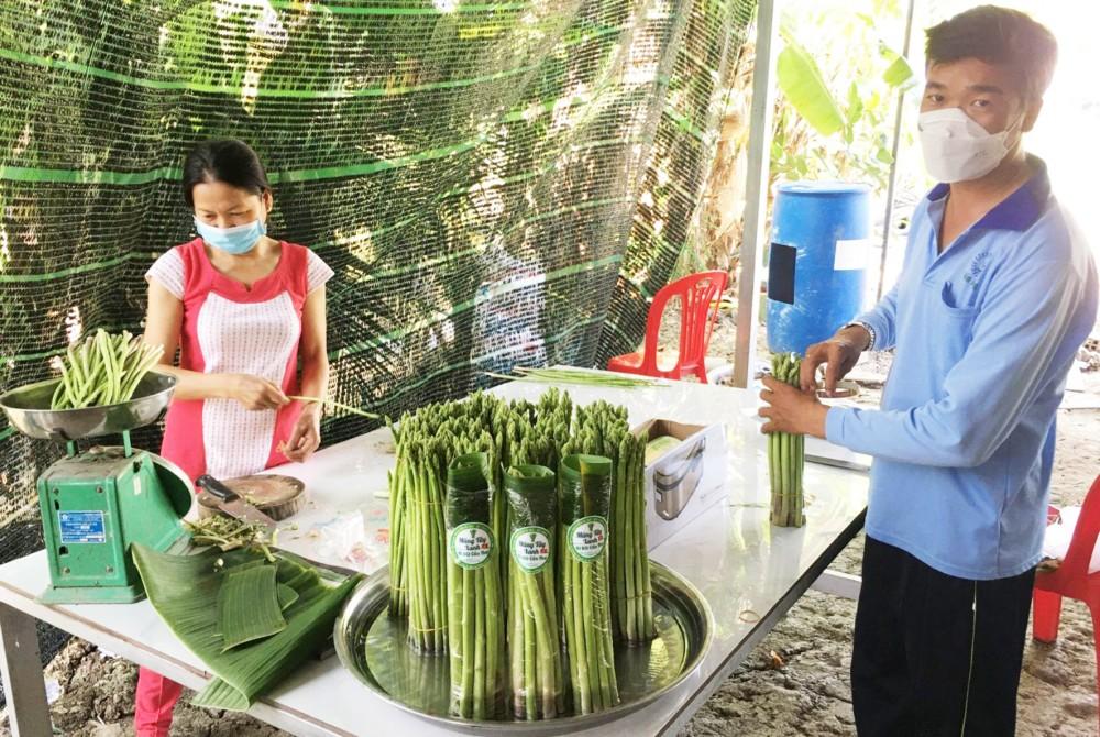 Vợ chồng anh Ri Bo đóng gói sản phẩm măng tây xanh Ri Bo Cần Thơ, chuẩn bị giao theo đơn đặt hàng.