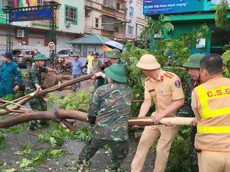 Lực lượng CSGT phối hợp lực lượng Quân đội thu gom cây đổ tại các tuyến phố