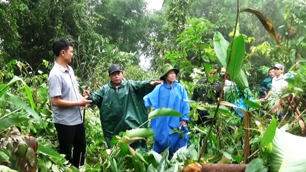 Lãnh đạo huyện Nam Trà My và xã Trà Tập đi khảo sát khu vực an toàn để tái định cư làng Lăng Lương. (Ảnh: quangnam.gov.vn)