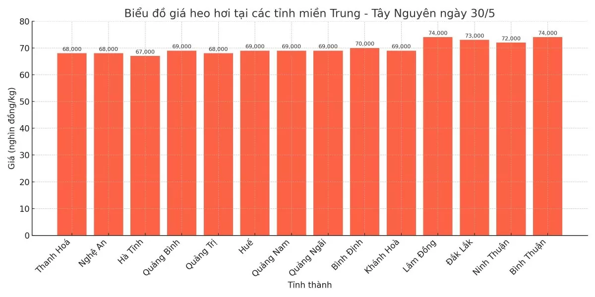 Biểu đồ giá heo hơi tại các tỉnh miền Trung - Tây Nguyên ngày 30/5.