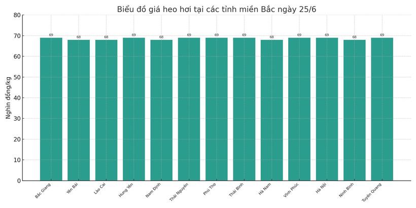Biểu đồ giá heo hơi tại các tỉnh miền Bắc ngày 25/6.