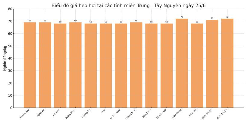 Biểu đồ giá heo hơi tại các tỉnh miền Trung - Tây Nguyên ngày 25/6.