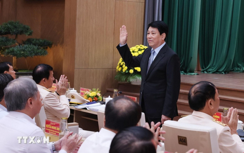 Chủ tịch nước Lương Cường dự hội nghị sơ kết 6 tháng đầu năm của Bộ Công an. Ảnh: Lâm Khánh/TTXVN