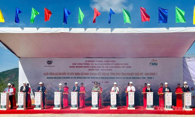 Các đại biểu nhấn nút khởi công dự án đầu tư xây dựng và kinh doanh kết cấu hạ tầng Khu công nghiệp Phù Mỹ giai đoạn 1. Ảnh: Hiền Mai