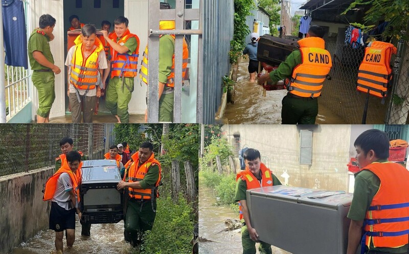 Để đảm bảo an toàn về tính mạng, tài sản của người dân vùng ngập, lực lượng công an phối hợp bảo vệ tài sản, di chuyển tới nơi an toàn. Ảnh: Công an cung cấp