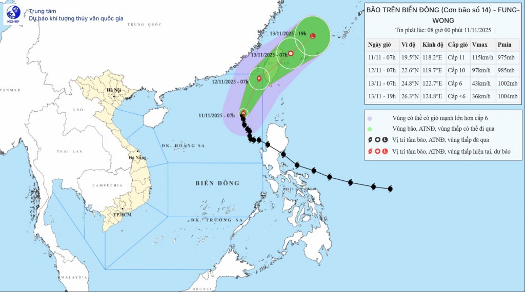 Hướng đi của bão số 14. (Nguồn: Trung tâm Khí tượng Thủy văn Quốc gia) Hướng đi của bão số 14. (Nguồn: Trung tâm Khí tượng Thủy văn Quốc gia)