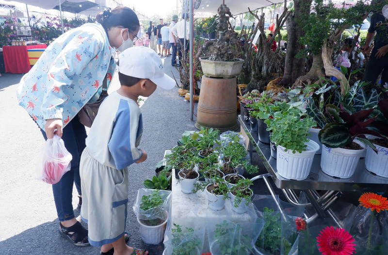 Hai mẹ con chị Mỹ Anh (xã Lai Vung, tỉnh Đồng Tháp) thăm quan mua sắm tại chương trình livestream bán hoa kiểng trên nền tảng TikTok Shop. Ảnh: Minh Anh.