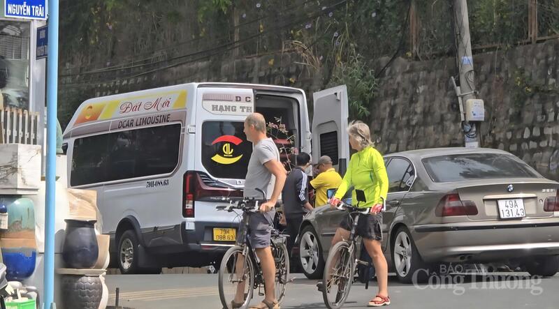 Hai người đàn ông ngang nhiên bỏ cành mai anh đào vào xe khách mang biển kiểm soát 79H-088.63 (nhà xe Đất Mới) trước sự chứng kiến của du khách nước ngoài. Ảnh: Lê Sơn