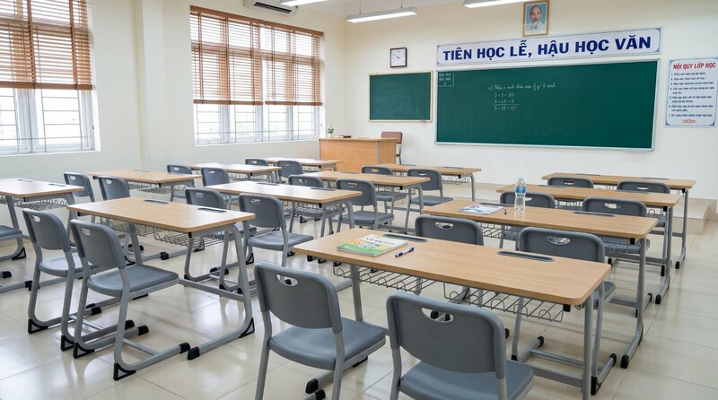 Lớp học khang trang tại các ngôi trường vùng biên giới. Ảnh: Nội thất The One