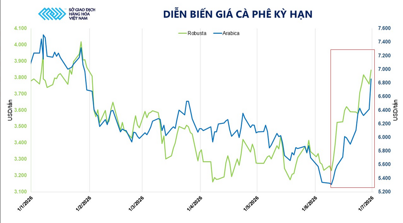 Diễn biến giá cà phê kỳ hạn. Nguồn: MXV